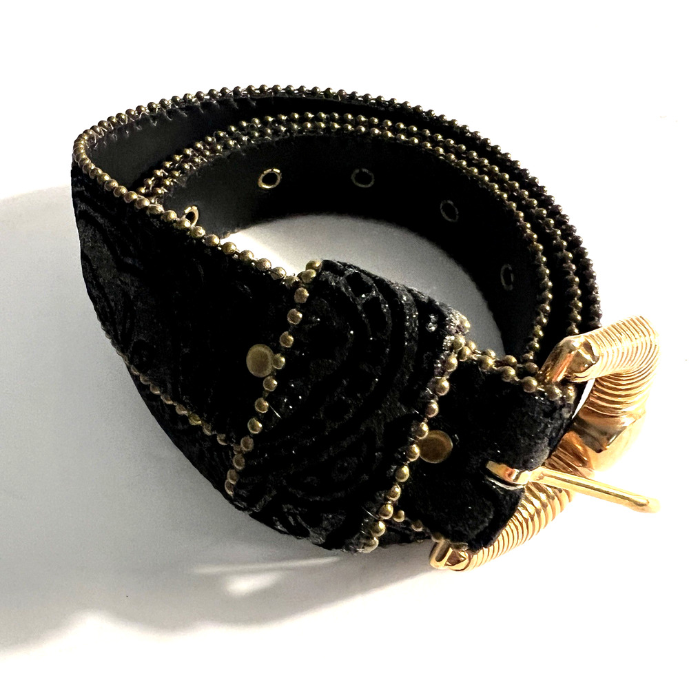 Black Crushed Velvet Belt Size M/L 30-36 VTG USA Brass Gold Buckle Beaded